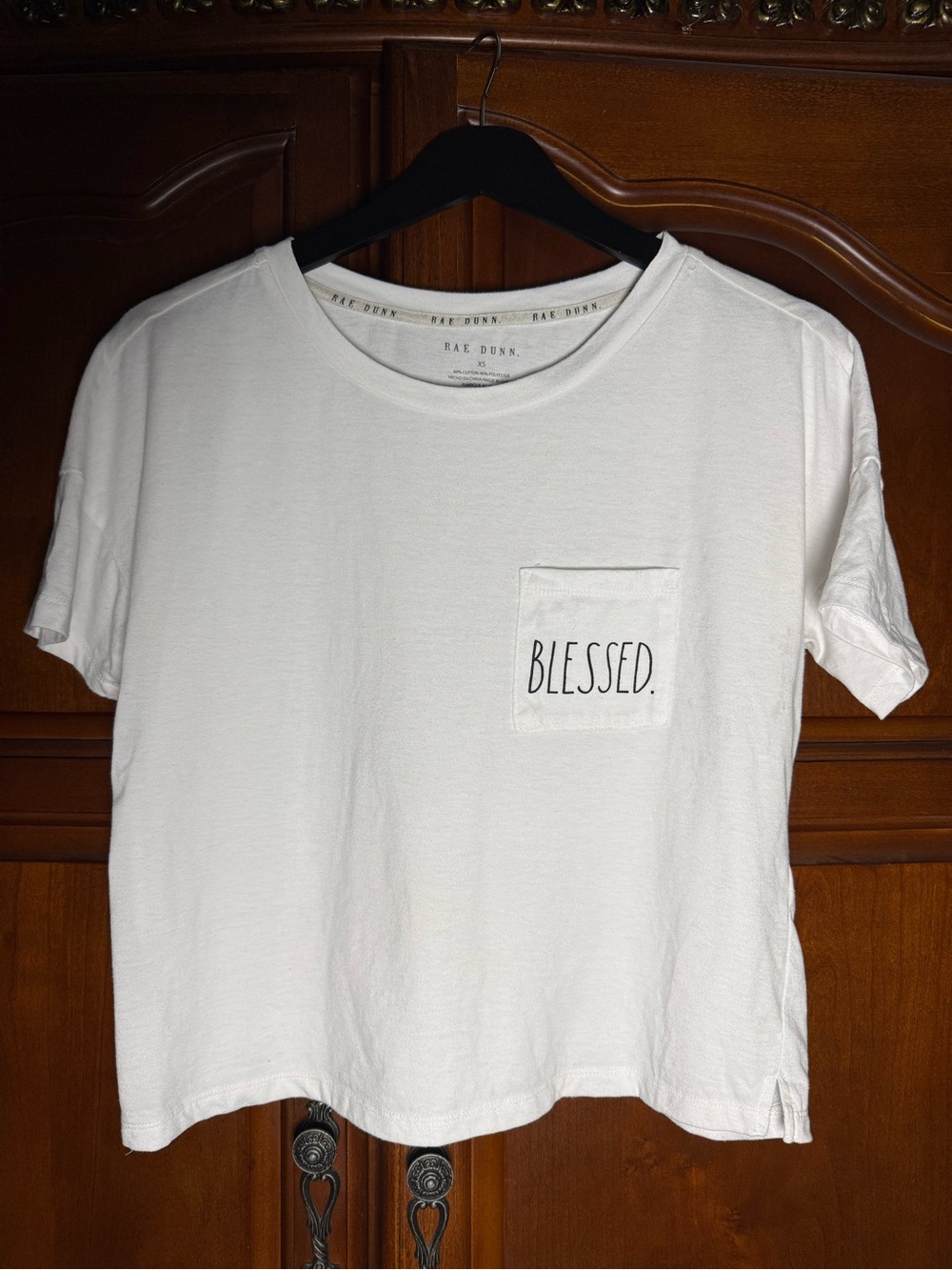 Rae Dunn White Boxy Pocket Tee "BLESSED" Graphic T-Shirt XS